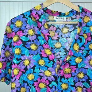 Vtg Xtrovert Shirt 90s Psychedelic Hippie Floral Print Button Up Vibrant Flower